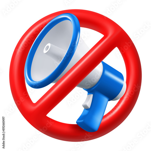 Noise prohibition sign, keep quiet, observe silence icon, isolated. 3d realistic loudspeaker in the crossed out red circle. Vector illustration