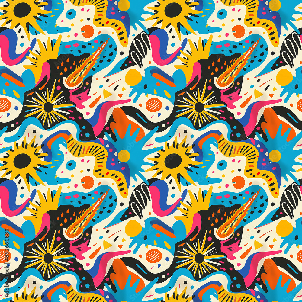 Fototapeta premium Colorful abstract pattern with suns, stars, and splatters