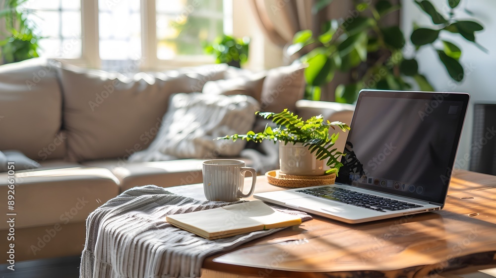 Cozy Home Office with Laptop, Plants, and Natural Light. Cozy Home Office with Laptop, Plants, and Natural Light.