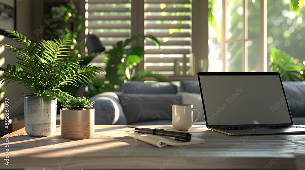 Fototapeta premium Cozy Home Office with Laptop, Plants, and Natural Light.