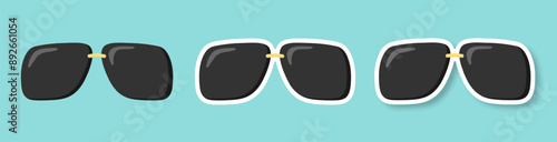 A set of sunglasses on a blue background. A sticker with black glasses. Retro hippie style. Vector illustration.