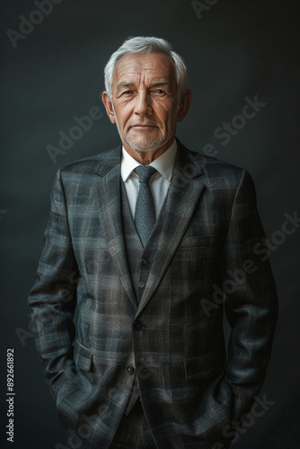 7. Elderly man in a stylish suit, smiling confidently, full body, High resolution photography, detailed, realistic, The photo is taken with a Canon EOS R5, with a 17mm, simple solid background,