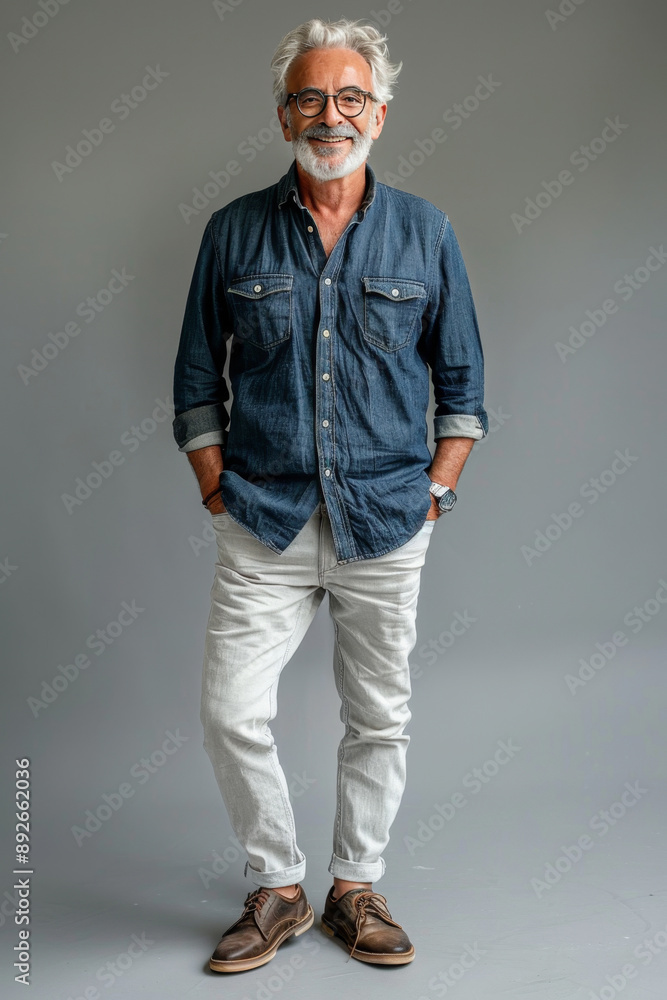 Obraz premium 13. Stylish senior man in a casual outfit, smiling happily, full body, High resolution photography, detailed, realistic, The photo is taken with a Canon EOS R5, with a 17mm, simple solid background,