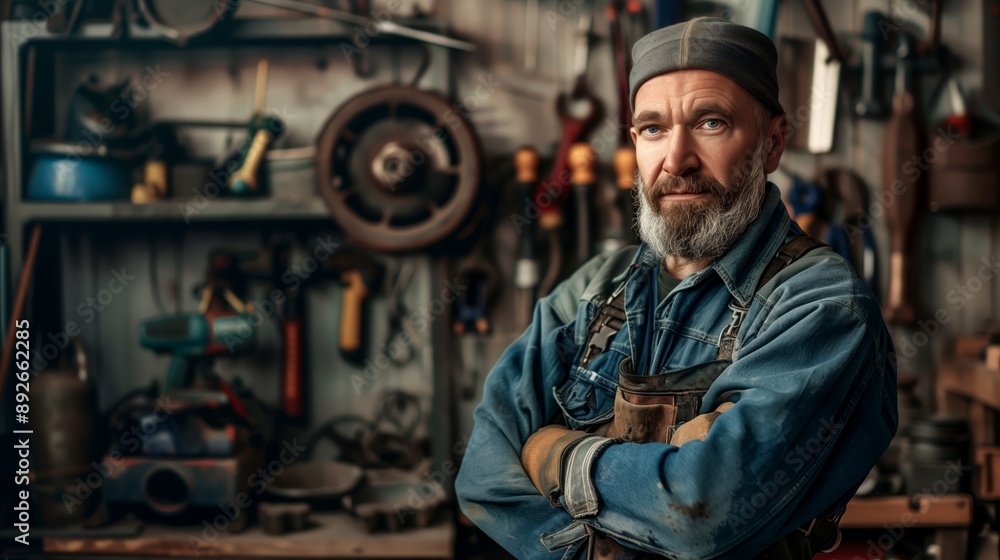 a skilled mechanic in work attire, highlighting tools of the trade. a skilled mechanic in work attire, highlighting tools of the trade.