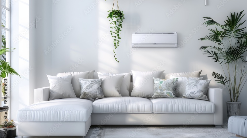 Obraz premium A white couch with pillows and a white air conditioner on the wall. The room is bright and airy, with a few potted plants adding a touch of greenery. Scene is calm and relaxing