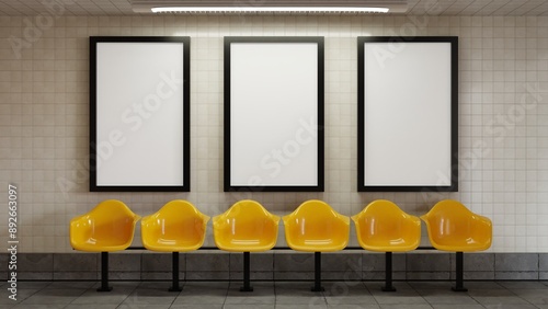 Three vertical subway advertisement billboard mockup 3d render illustration. Billboard poster advertising on underground station