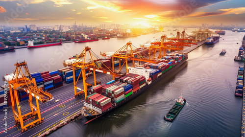 Logistics, container Cargo ship transportation with working crane bridge in deep sea port for import export.