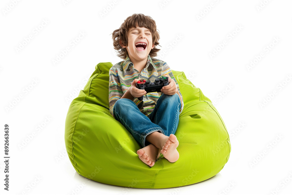 Boy playing video game with joyful and laughing when sitting on a green beanbag soft chair isolated on white background. Boy playing video game with joyful and laughing when sitting on a green beanbag soft chair isolated on white background.