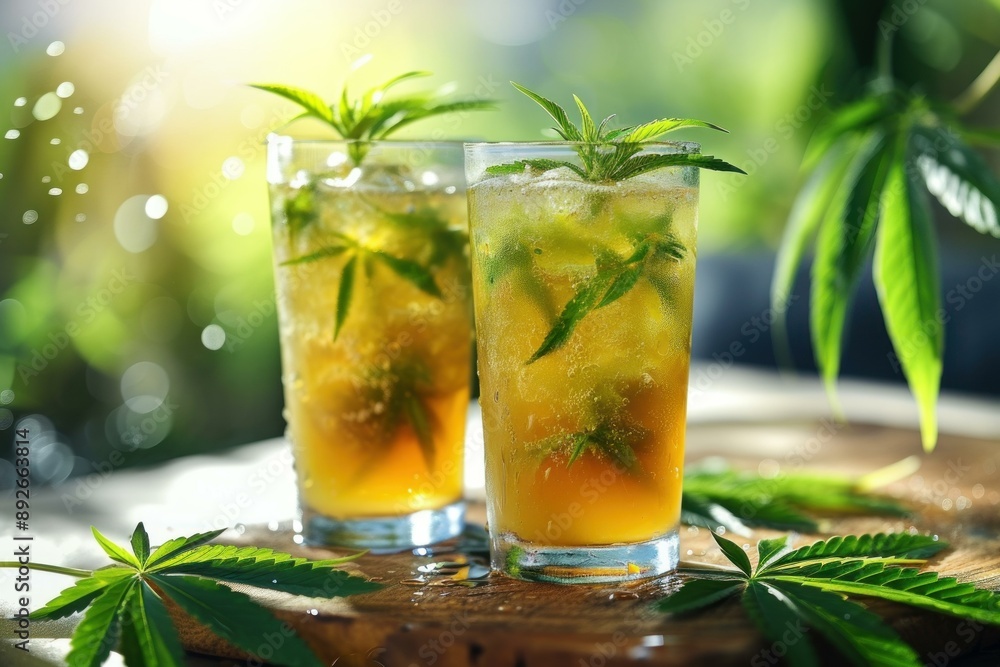 Two glasses of cannabis iced tea with fresh leaves, served on a sunlit wooden table Two glasses of cannabis iced tea with fresh leaves, served on a sunlit wooden table