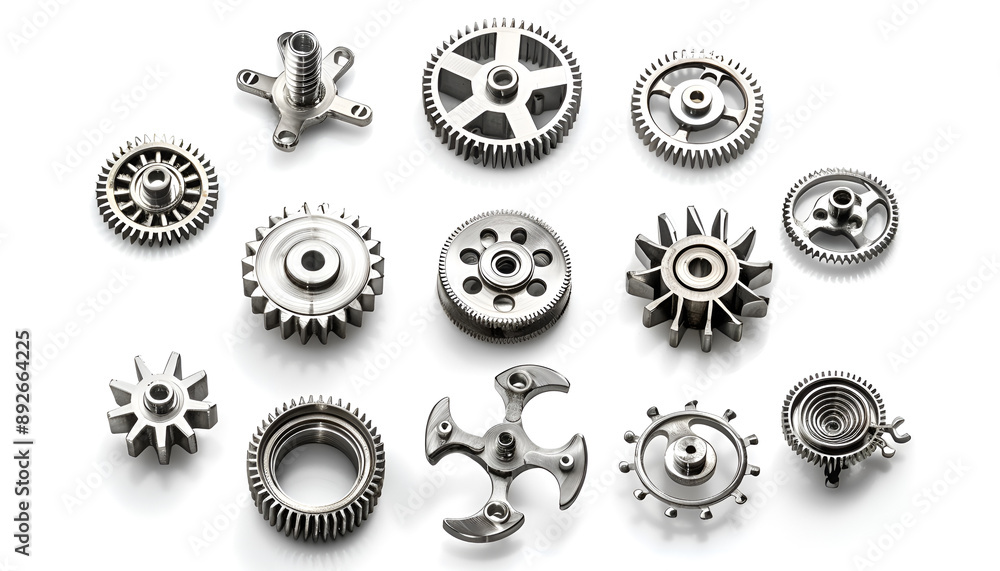 Fototapeta premium Set with different stainless steel gears on white background, top view