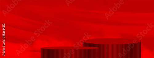 Chinese new year 2025 Background,Red Cloud with Platform 3d Red Podium Step Product Display for cosmetic present,Vector backdrop scene stage stand design banner for Christmas holiday sale