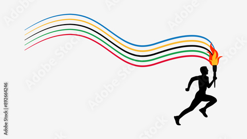 athlete runner carrying Olympic symbol torch with Olympic flame and developing flame in five colors