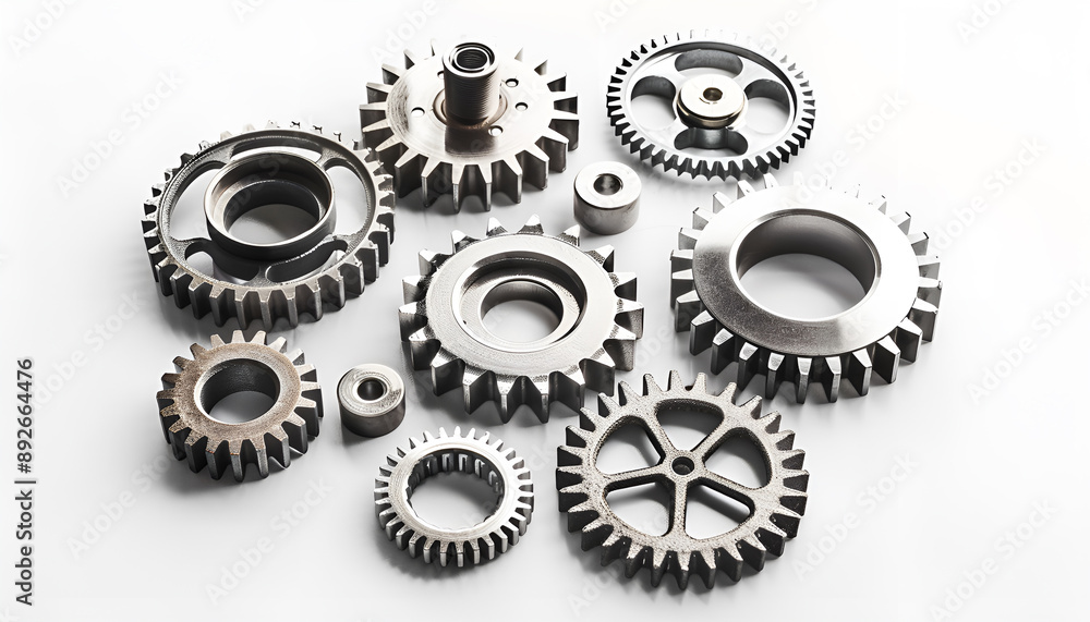 Set with different stainless steel gears on white background, top view Set with different stainless steel gears on white background, top view