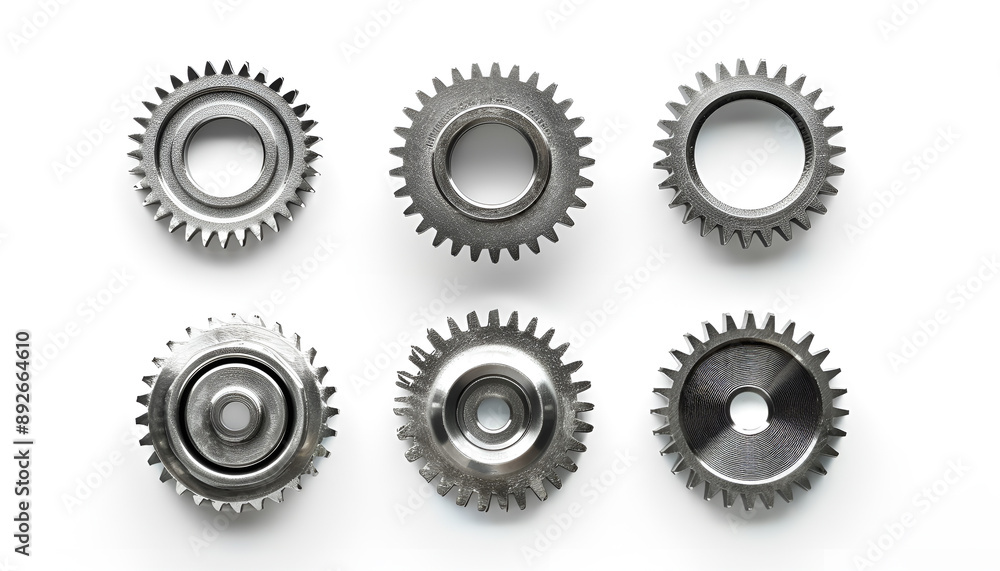 Set with different stainless steel gears on white background, top view Set with different stainless steel gears on white background, top view