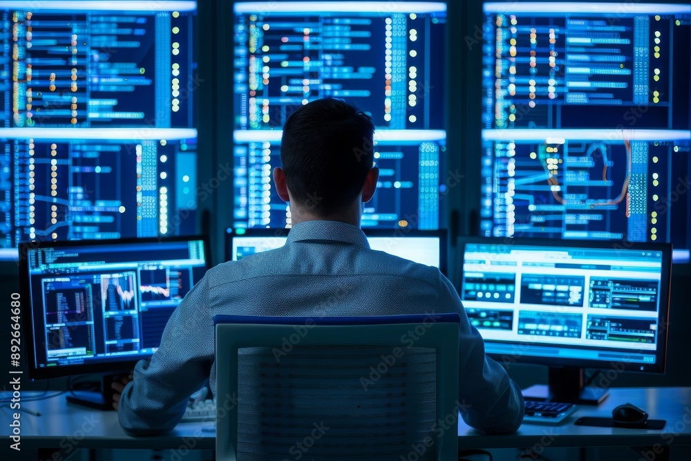 Man Working Late at Night in Front of Multiple Computer Monitors Man Working Late at Night in Front of Multiple Computer Monitors