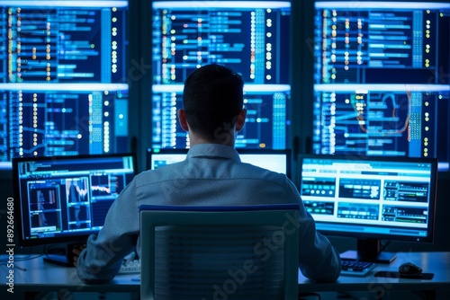 Man Working Late at Night in Front of Multiple Computer Monitors