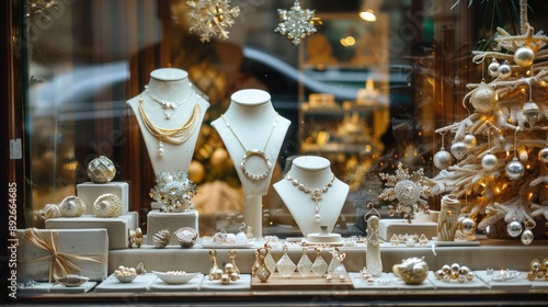 Jewelry shop window display with themed decorations for a seasonal collection.