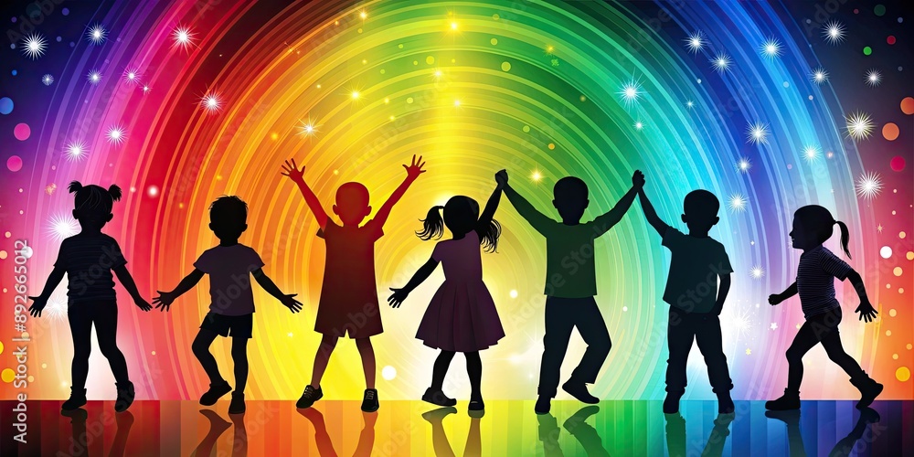 World Children's Day: Silhouettes of Kids Over Rainbow Paint Background World Children's Day: Silhouettes of Kids Over Rainbow Paint Background