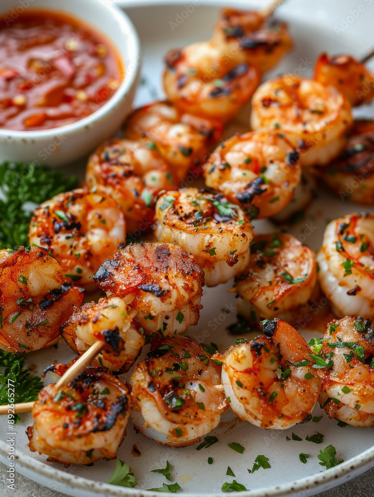 Grilled shrimp skewers with dipping sauce on a plate. Grilled shrimp skewers with dipping sauce on a plate.