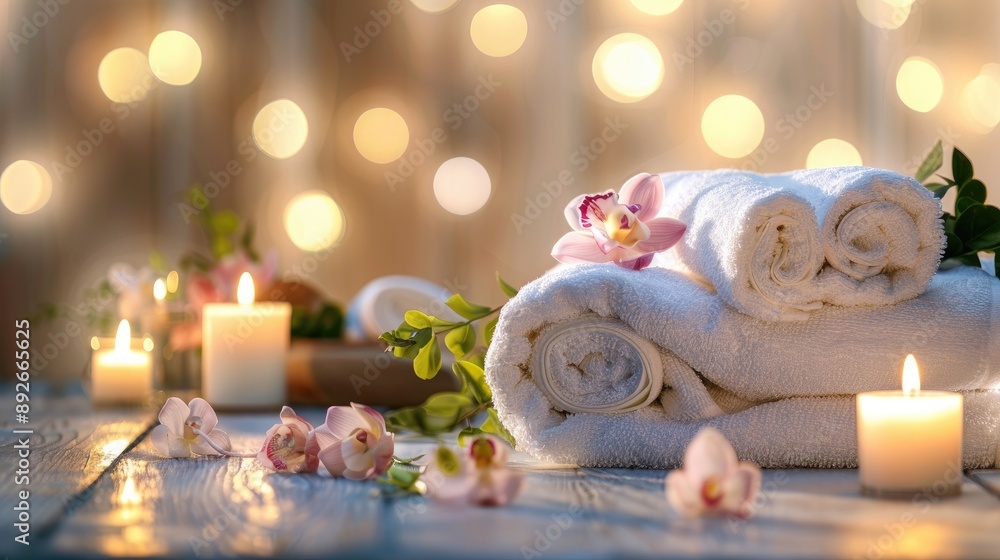 Rolled towels with candles and flowers, creating a luxurious spa treatment ambiance Rolled towels with candles and flowers, creating a luxurious spa treatment ambiance