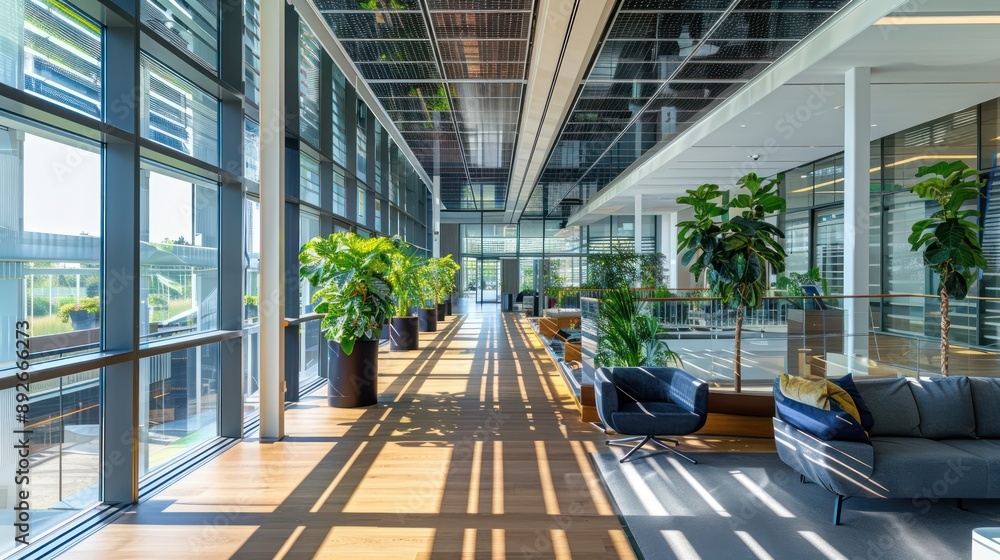 Modern office interior with photovoltaic panels integrated into the architecture. Modern office interior with photovoltaic panels integrated into the architecture.