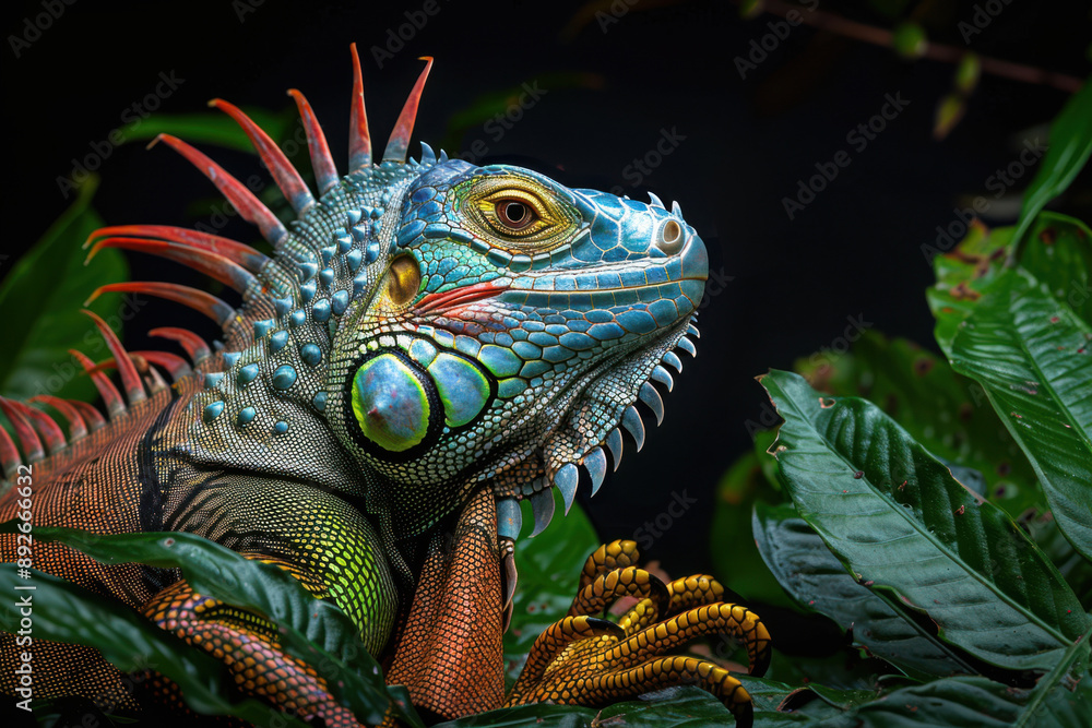 Colourful iguana in a natural environment in nature and on a dark background of greens and rocks Colourful iguana in a natural environment in nature and on a dark background of greens and rocks