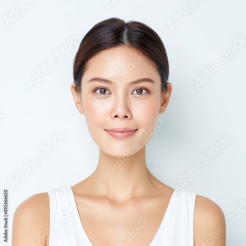 An Asian woman in a half-body view, with visible arms, highlighting her glass skin achieved through K-beauty skincare and makeup techniques