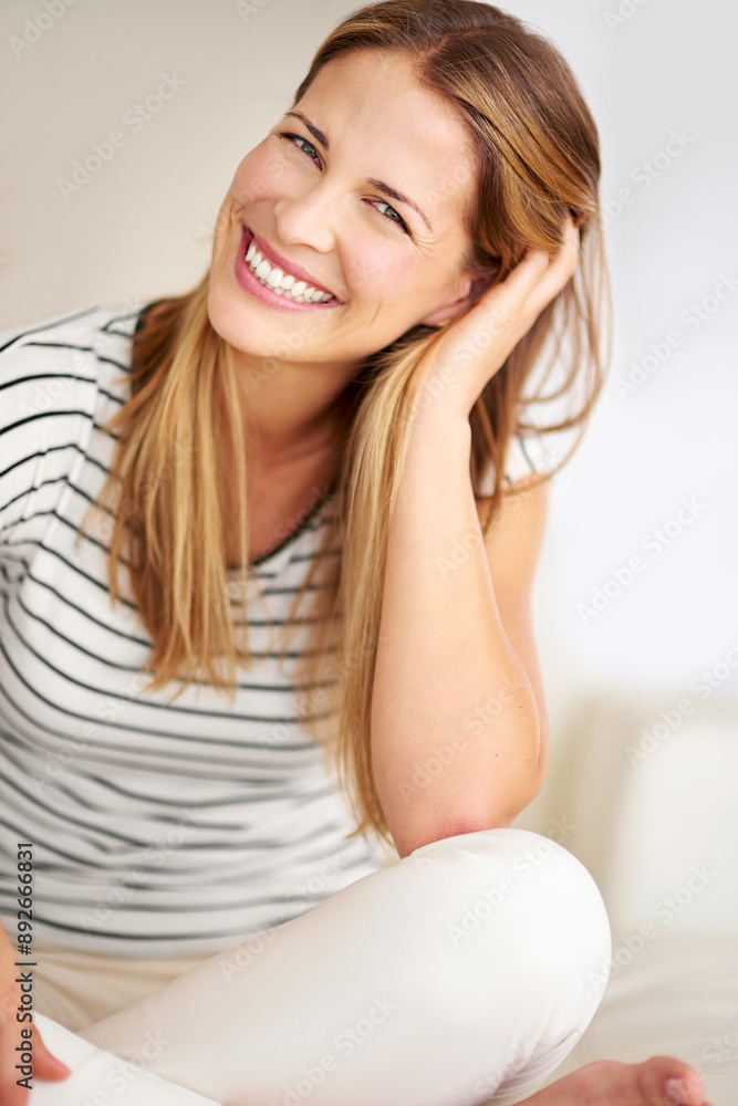 Happy, woman and portrait with relax, laugh and calm in a home with smile in a living room. Lounge, sofa and wellness with weekend chill in France with confidence and comfortable in house with peace Happy, woman and portrait with relax, laugh and calm in a home with smile in a living room. Lounge, sofa and wellness with weekend chill in France with confidence and comfortable in house with peace