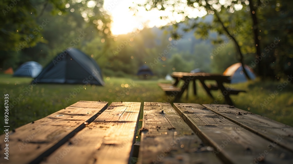 Wood table and Blurred camping and tents in forest. Good morning and fresh start of the day. Wood table and Blurred camping and tents in forest. Good morning and fresh start of the day.