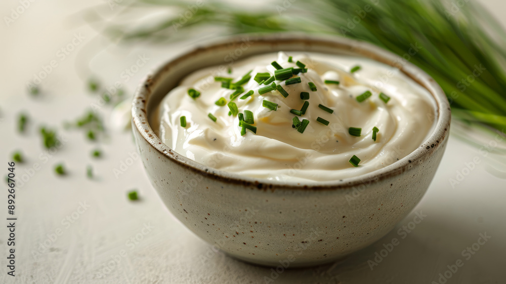 Bowl of creamy sour cream with fresh chives as garnish. Bowl of creamy sour cream with fresh chives as garnish.