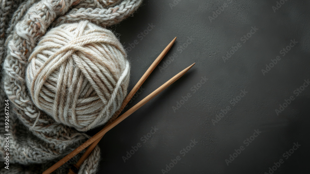 Wool yarn ball with knitting needles on a gray background. Wool yarn ball with knitting needles on a gray background.