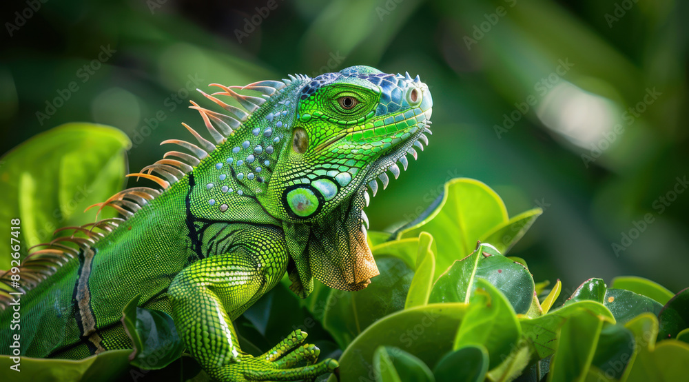 Colourful iguana in a natural environment in nature and on a dark background of greens and rocks Colourful iguana in a natural environment in nature and on a dark background of greens and rocks