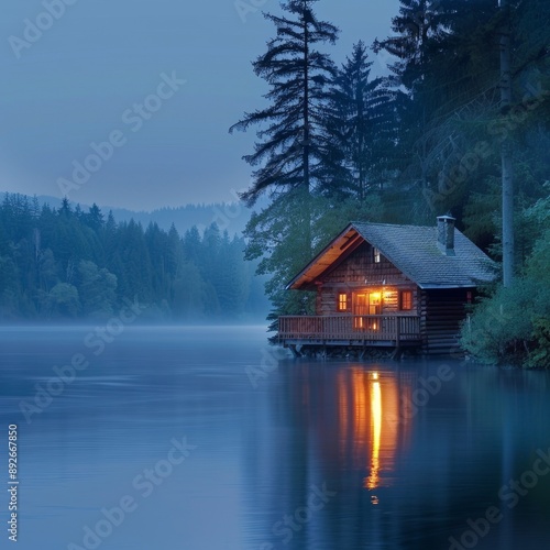 A high-quality stock image of a serene lakeside cabin at dusk. The scene is peaceful and picturesque. AI generation.