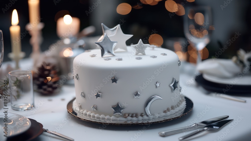 minimalist white cake with subtle, edible silver stars and a moon design, set against a backdrop of a chic, celestial-themed dinner minimalist white cake with subtle, edible silver stars and a moon design, set against a backdrop of a chic, celestial-themed dinner