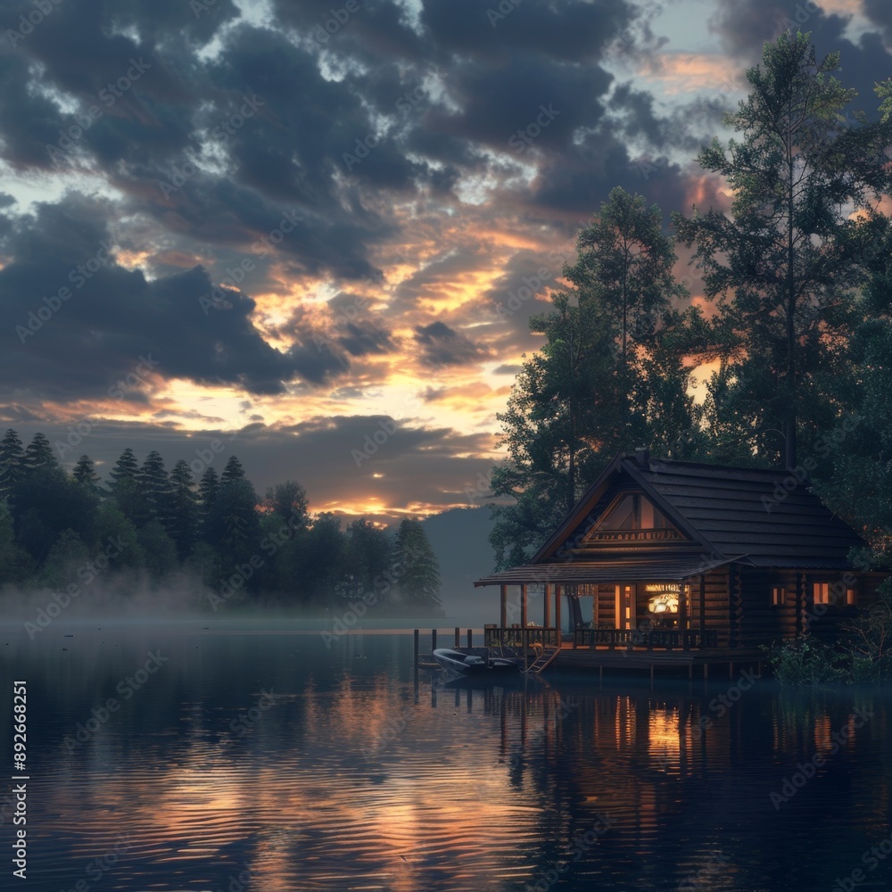 Fototapeta premium A high-quality stock image of a serene lakeside cabin at dusk. The scene is peaceful and picturesque. AI generation.