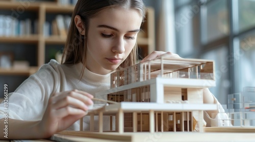 female architect is working on a modern house model photo