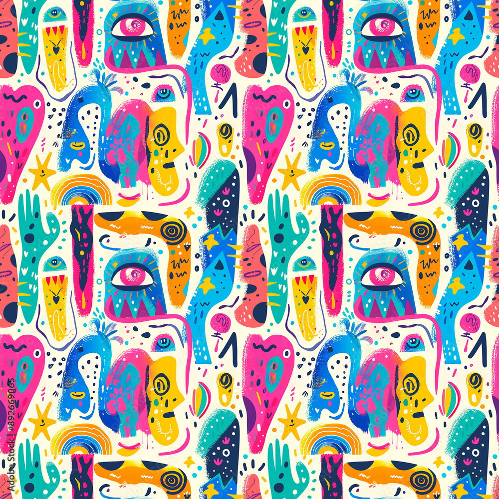 Colorful abstract pattern with eyes, hands, and stars Colorful abstract pattern with eyes, hands, and stars