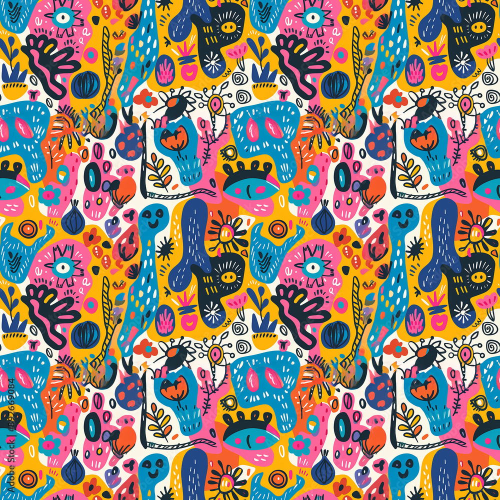 Colorful abstract pattern with hand-drawn shapes and motifs Colorful abstract pattern with hand-drawn shapes and motifs