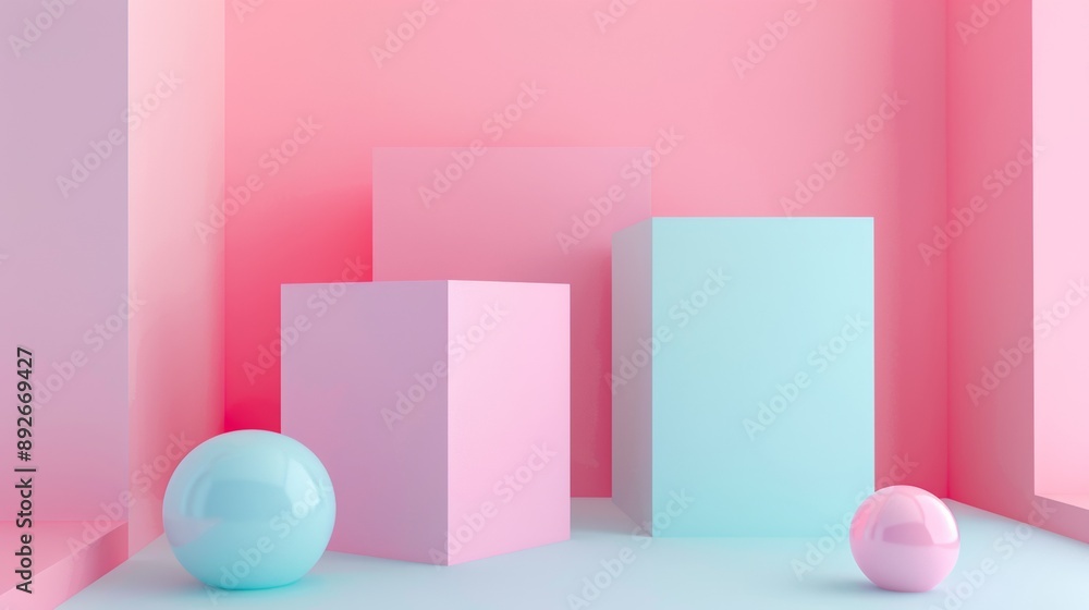 A pink and blue room with three cubes and two balls A pink and blue room with three cubes and two balls
