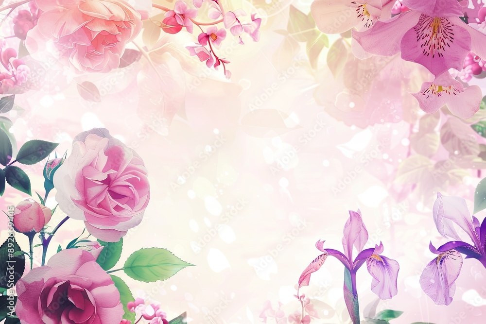 Fototapeta Soft watercolor illustration of garden flowers including roses and irises in a delicate frame with subtle green leaves