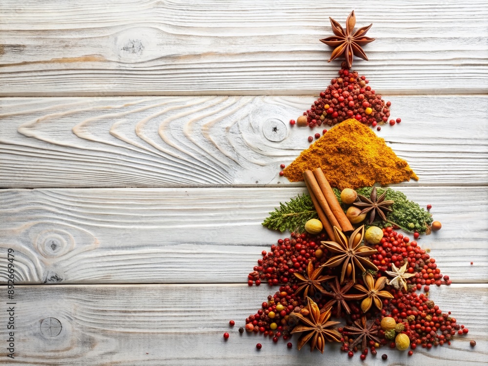 Obraz premium Vibrant Christmas tree made from aromatic spices sits on a rustic white wood background, surrounded by negative space, perfect for adding festive holiday text or graphics.