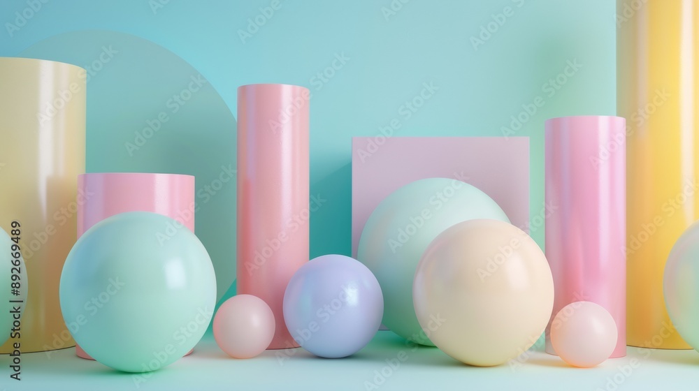 A colorful array of balls and cylinders arranged in a pattern A colorful array of balls and cylinders arranged in a pattern