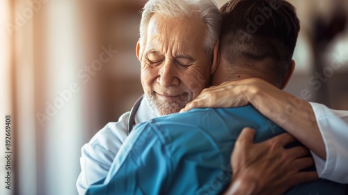 Medical caregiver embraces senior male patient, highlighting compassion and support in healthcare