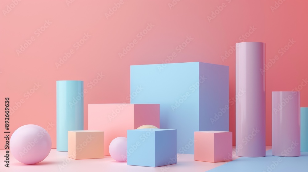A colorful display of cubes and spheres on a pink background A colorful display of cubes and spheres on a pink background