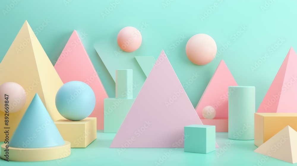 A colorful scene of geometric shapes and balls on a green background A colorful scene of geometric shapes and balls on a green background