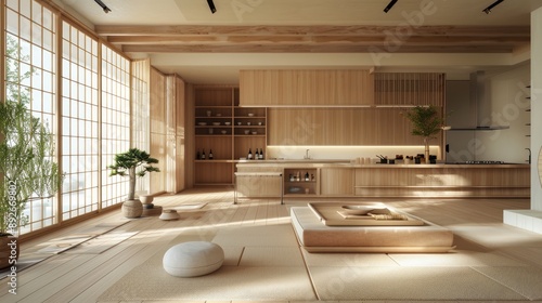 Modern Japanese kitchen and living room, blending light wood, tatami mats, and minimalist aesthetics with earthy ceramics. photo