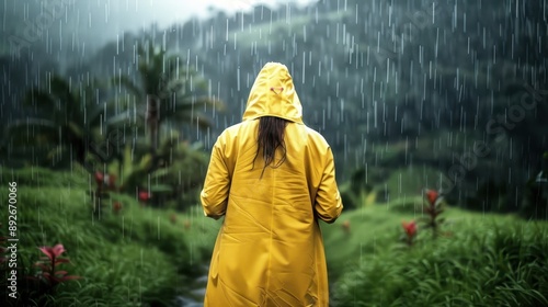 A woman in a yellow raincoat is walking through a lush green field. The rain is falling, and the woman is looking ahead, seemingly lost in thought. Concept of solitude and contemplation