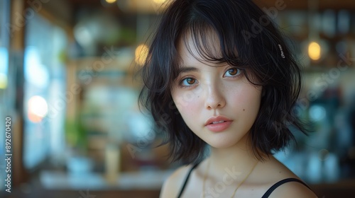 Woman with Short Hair in Cafe Wearing Black Top