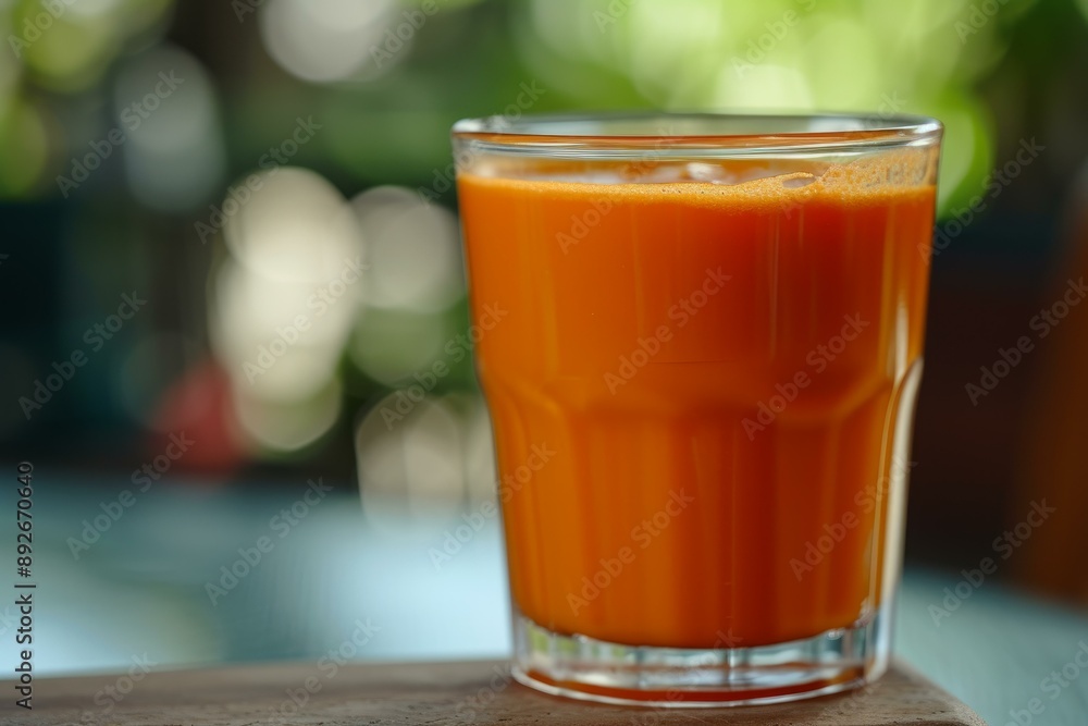 Closeup of a refreshing glass of carrot juice, served on a wooden table with a blurred background Closeup of a refreshing glass of carrot juice, served on a wooden table with a blurred background