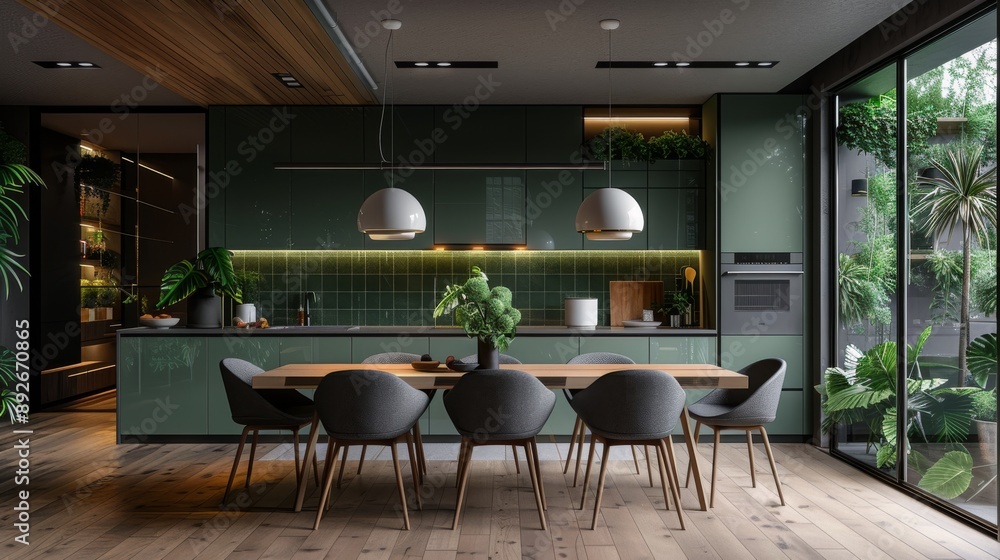 Contemporary kitchen with green cabinets and wooden dining table. Contemporary kitchen with green cabinets and wooden dining table.